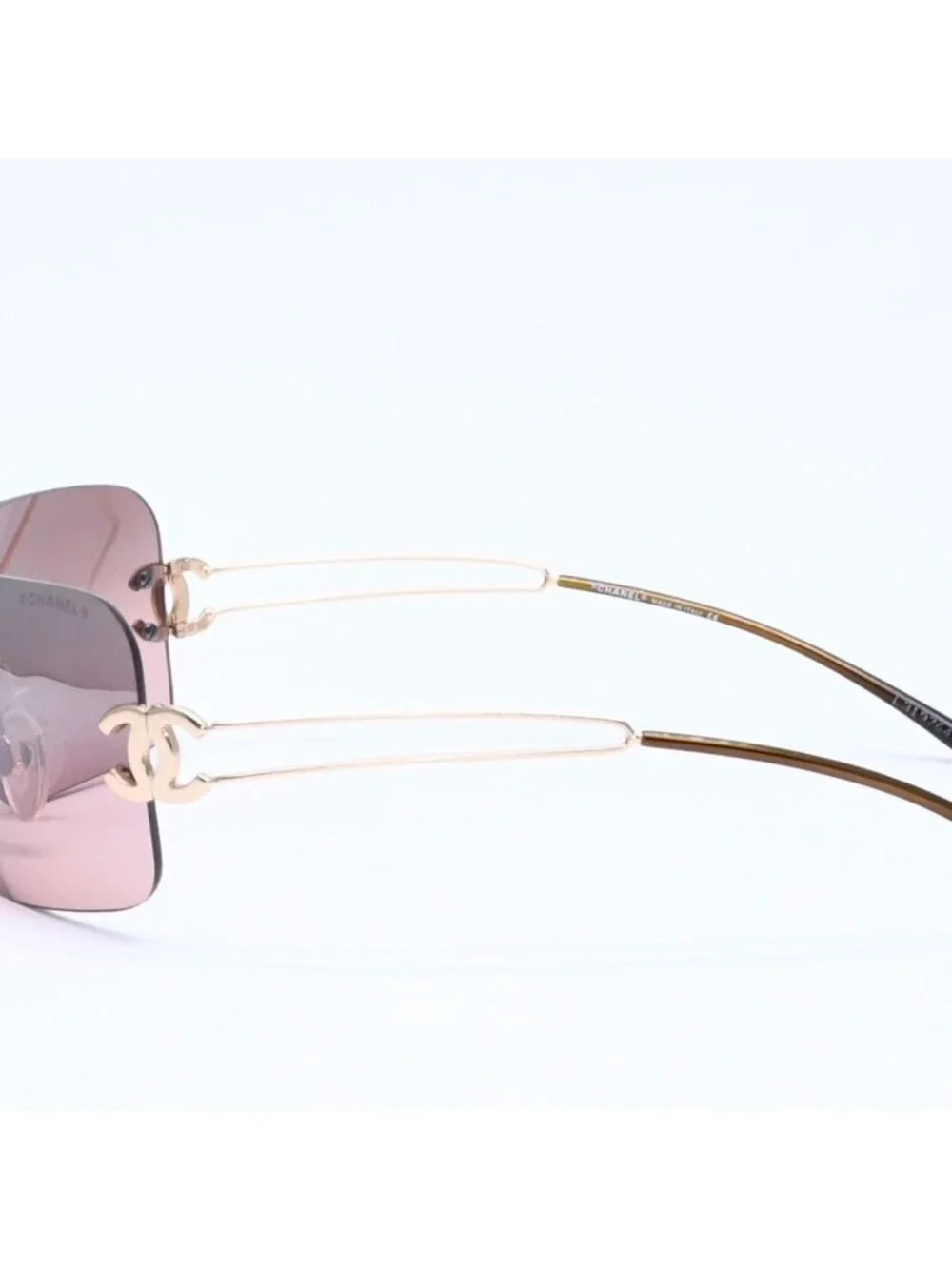 Chanel Rimless Sunglasses Eyewear CC Logo Brown Gold